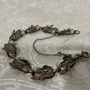 Vintage Bracelet Wells Vermeil Sterling Silver Links Leaves Faux Pearls 7 1/4 “